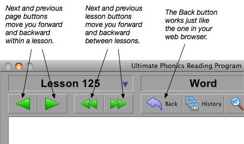Ultimate Phonics next, previous, and back buttons